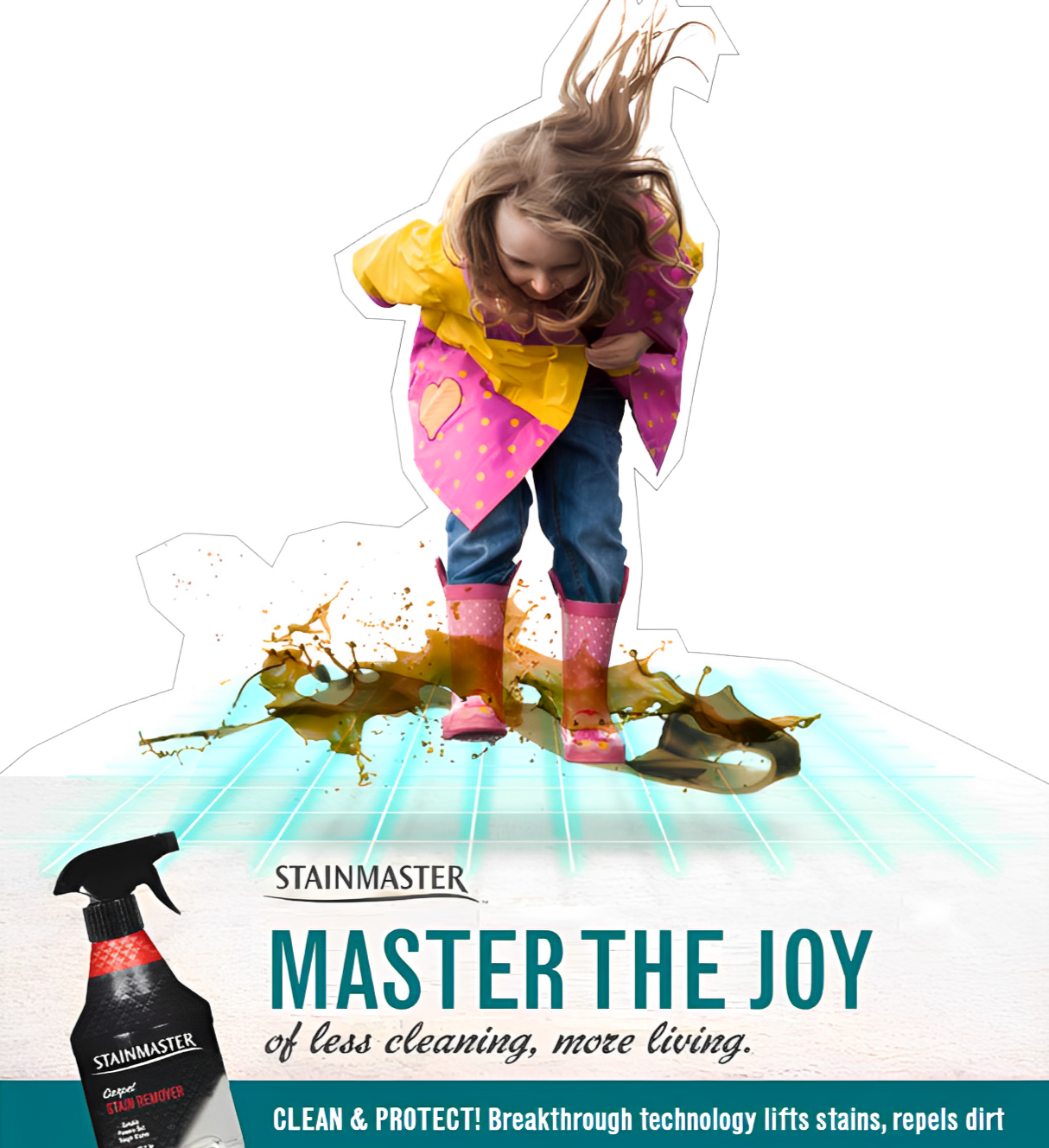 Child wearing rain boots and colorful raincoat splashing in muddy puddle