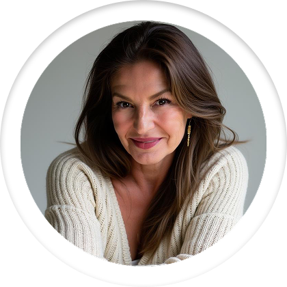 A woman with long brown hair and a smile, wearing a cream-colored sweater, posing indoors against a neutral background.