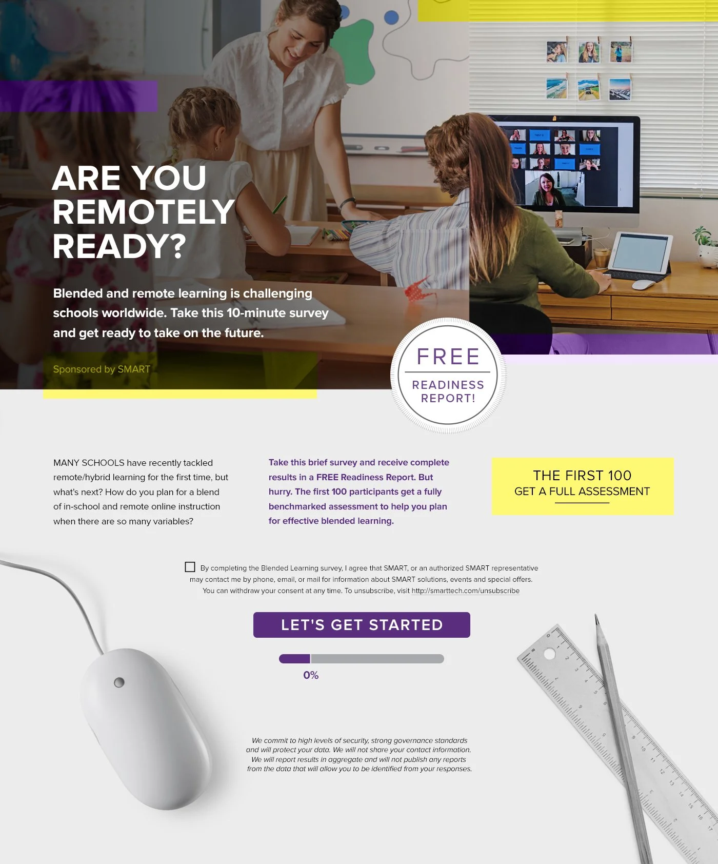 A promotional flyer about blended and remote learning, featuring an image of a woman teaching children in a classroom, with a computer and survey details for a readiness report.