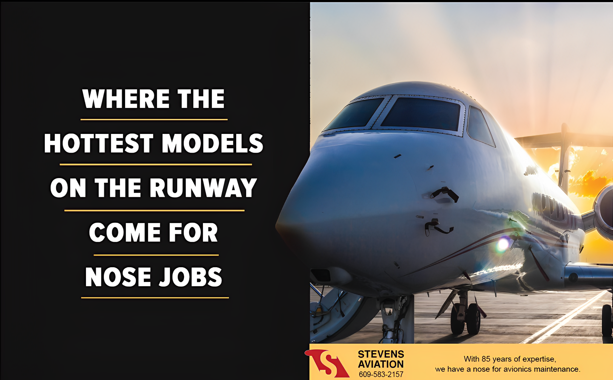 Side view of a commercial airplane parked on the runway at sunrise.