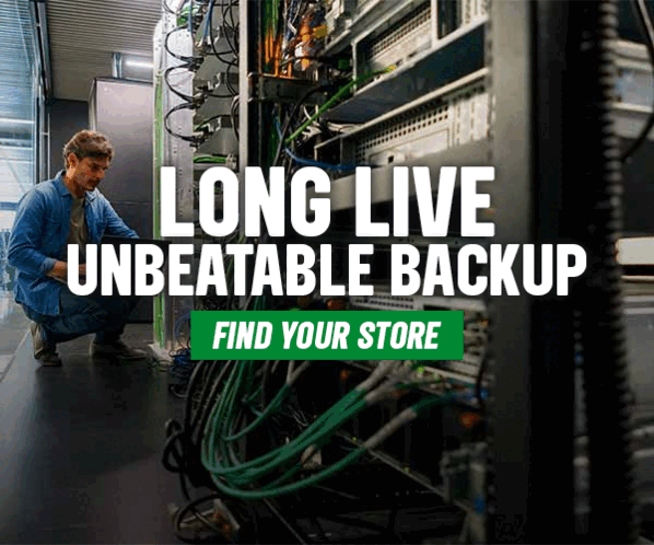 A technician inspecting server equipment in a data center, with text overlay that reads 'Long Live Unbeatable Backup' and 'Find Your Store'.