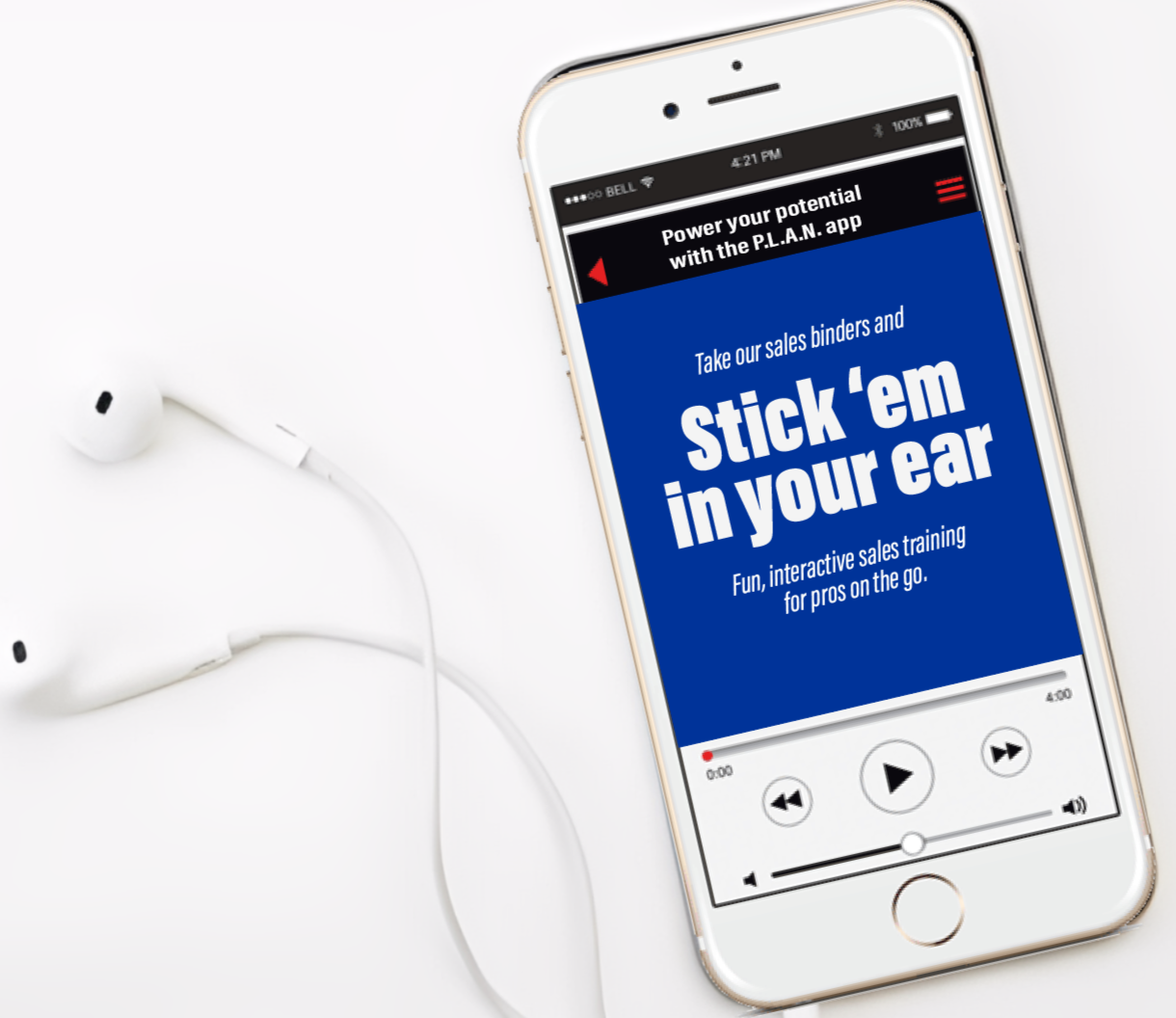 Smartphone displaying a sales training app titled 'Stick 'em in your ear' with white earphones next to it on a white surface.