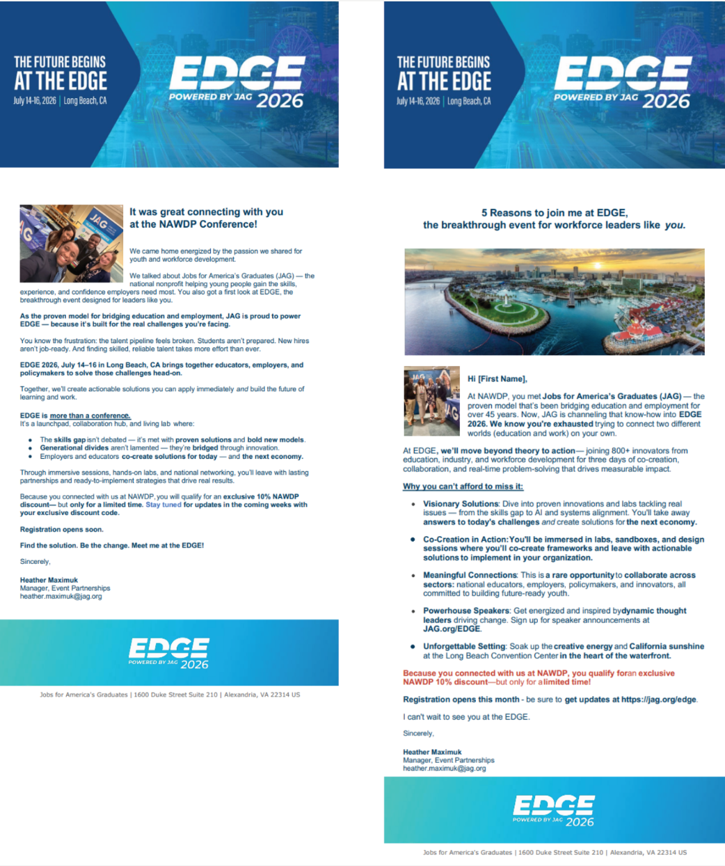 Flyer for EDGE 2026 conference in Long Beach, CA, July 14-16, 2026, featuring event details, a photo of a group of people, and an aerial view of Long Beach.