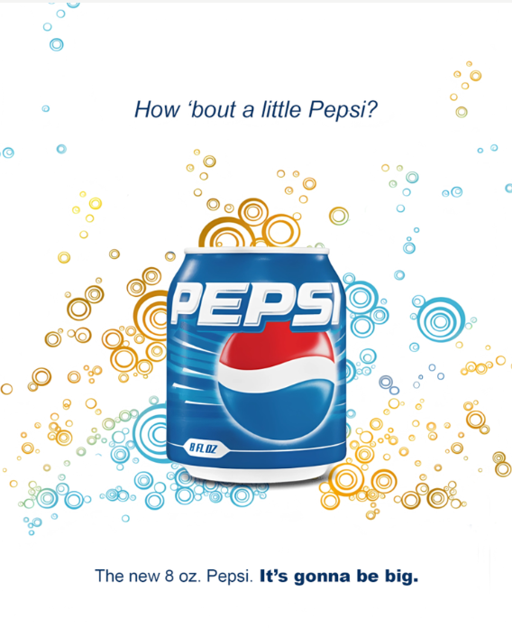 An advertisement featuring an 8 oz can of Pepsi soda with colorful circles as background. The text reads 'How 'bout a little Pepsi?' and 'It's gonna be big.'