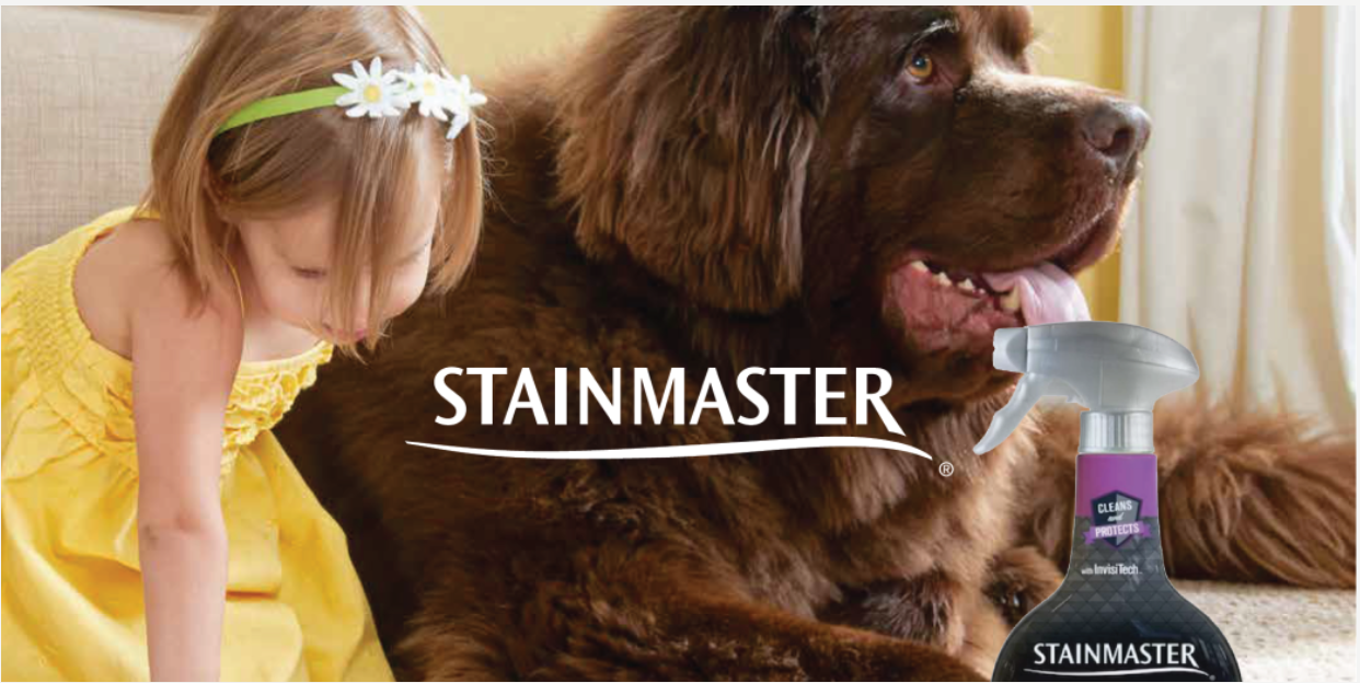 A young girl in a yellow dress with a daisy headband leaning over a large brown dog, with a bottle of Stainmaster stain remover in the foreground.
