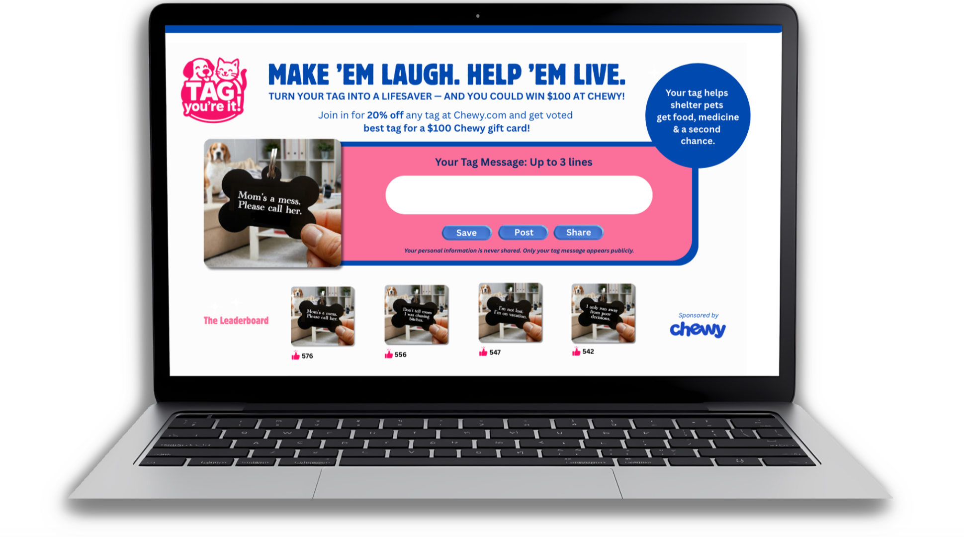 A laptop screen displaying a pet-themed fundraising website titled 'Make 'Em Laugh. Help 'Em Live.' featuring a campaign to turn pet tags into lifesavers, with a sign saying 'Mom's a mess. Please call her.' and a leaderboard of popular tags. The website offers a 20% discount on pet tags at Chewy.com and a chance to win a $100 Chewy gift card.