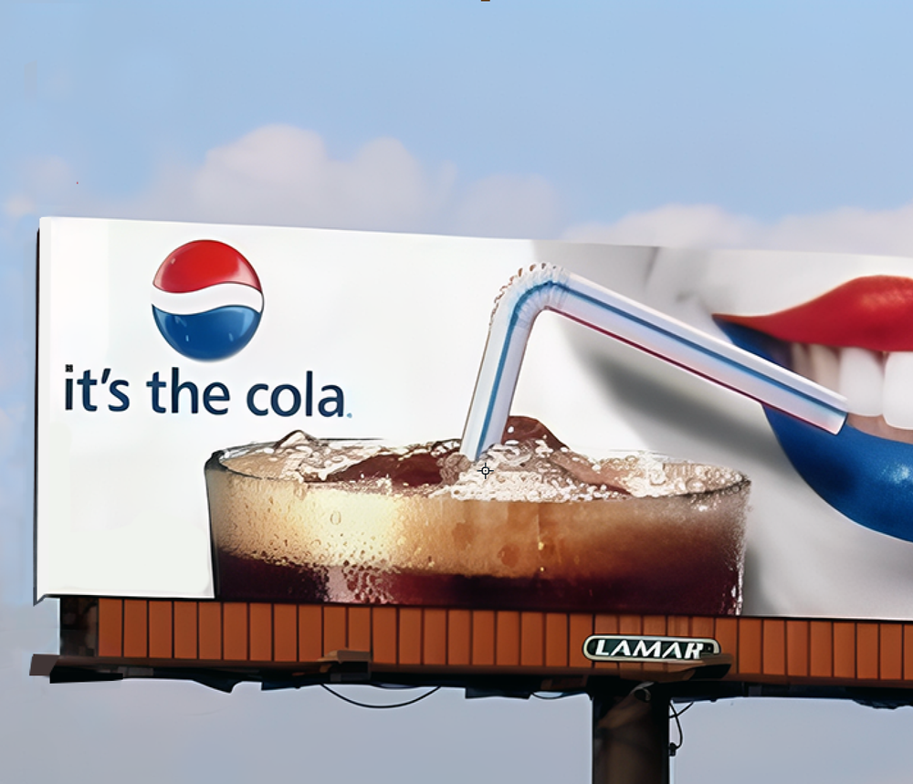 Billboard advertisement for Pepsi featuring a glass of cola with a straw and a woman with red lipstick drinking from a lid, with the Pepsi logo and slogan 'it's the cola.'