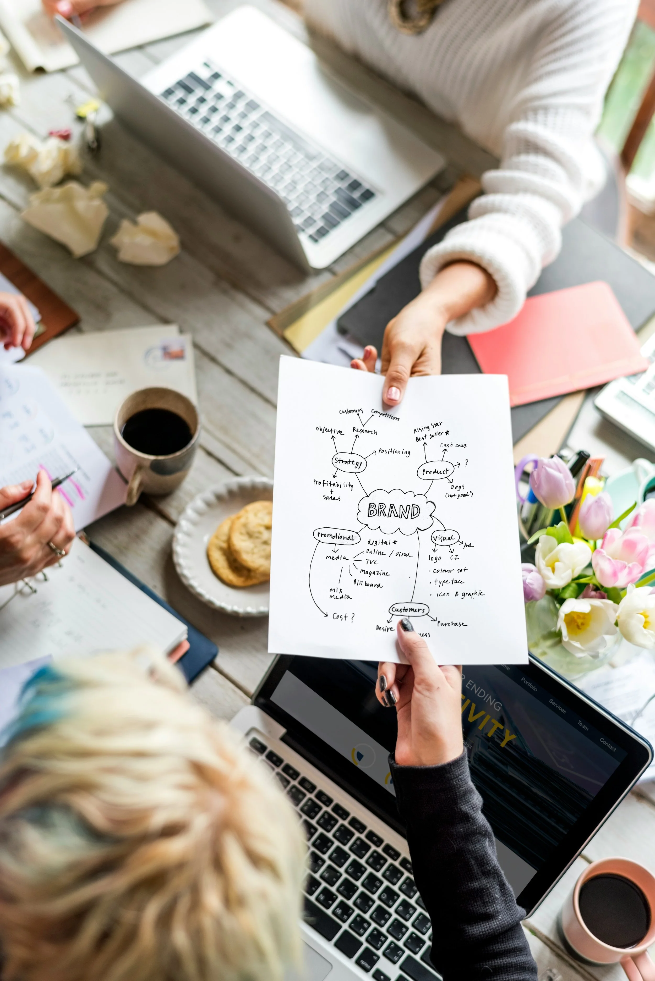A person holding a sheet of paper with a handwritten diagram about branding, including keywords like 'strategy,' 'product,' and 'customers,' around a table with laptops, notebooks, a coffee cup, cookies, and a vase of pink and white tulips.