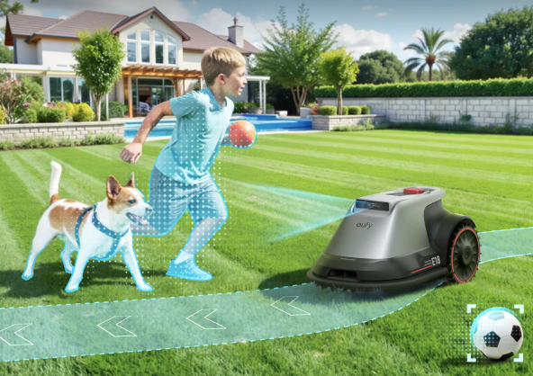 A boy and dog playing in a backyard with a robotic lawn mower. The boy is holding a ball, and the dog is running alongside. The lawn is lush and green, with a house and palm trees in the background.