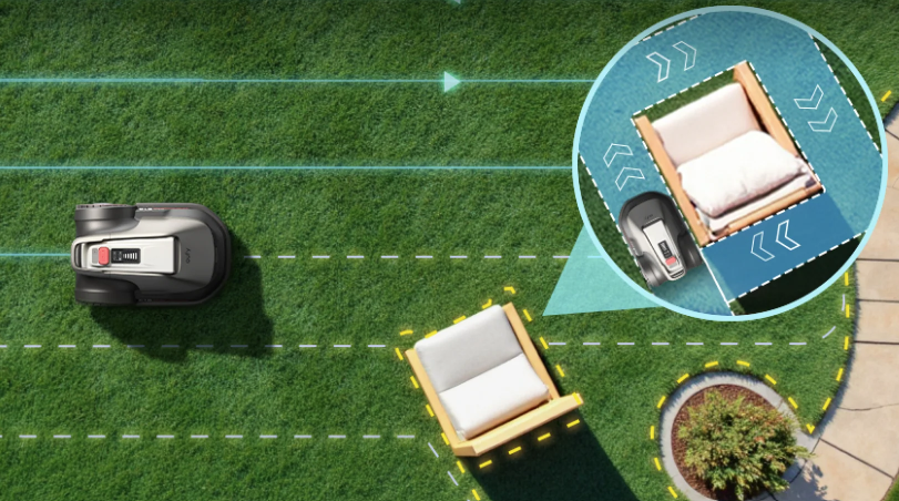 Robot mower reliably mowing around obstacles.