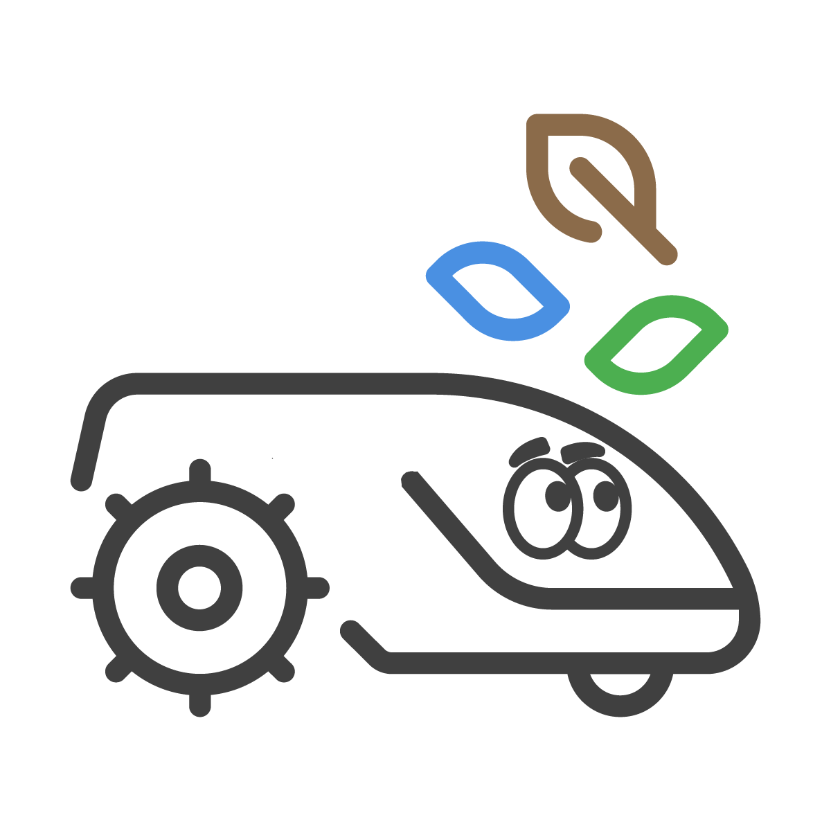 Line drawing of a robotic vacuum cleaner with cartoon eyes and the word 'BOO' in colorful letters above it.