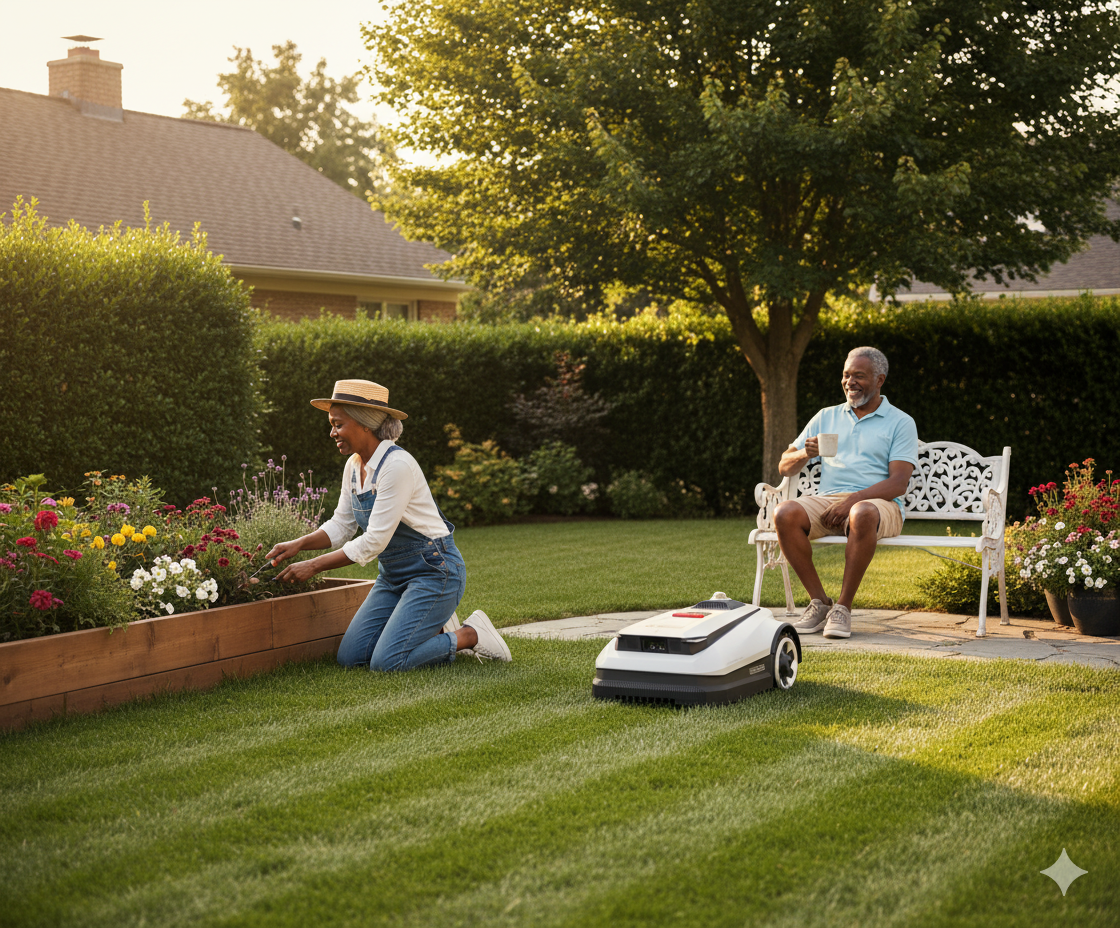 An elderly woman and man enjoying gardening and relaxing in their backyard. The woman is kneeling by a flower bed, planting or tending to flowers. The man, sitting on a white garden bench, is smiling and holding a cup. A robot lawn mower is in the foreground, and the garden is lush with green grass, trees, and flowering shrubs, with the sunlight suggesting late afternoon.