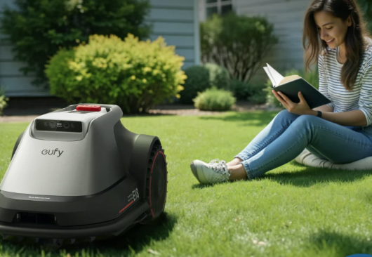 Woman reading book while robot mower cuts the lawn