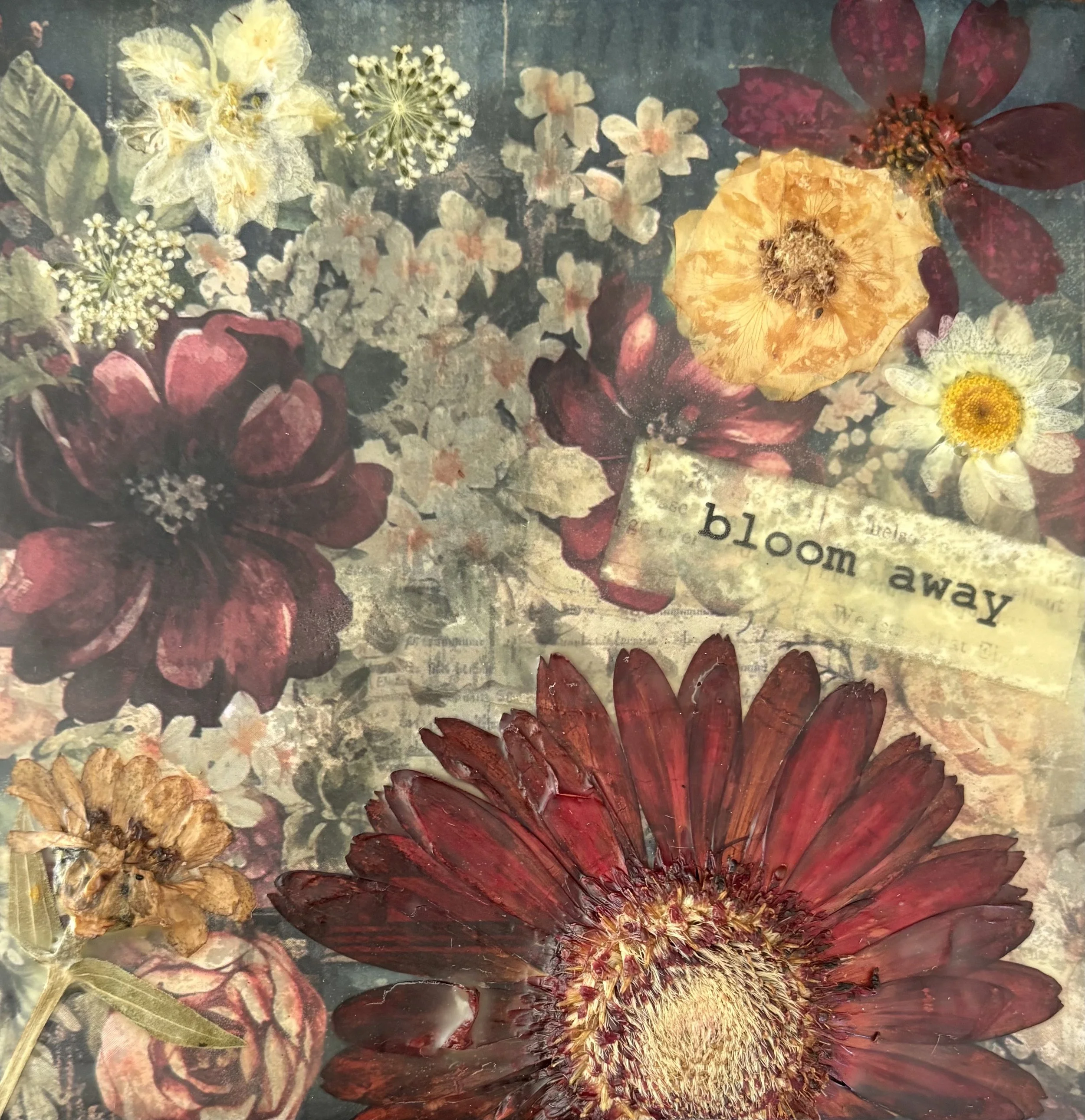 Bloom Away 
6x6"
Available 
Paper Collage, Pressed Flowers, Encaustic on wood block 