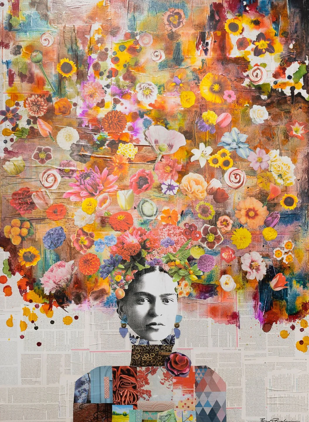 Frida 
48x32"
SOLD 
Magazine, Alcohol Ink, Acrylic, Sea Glass, and Pen on wood panel
