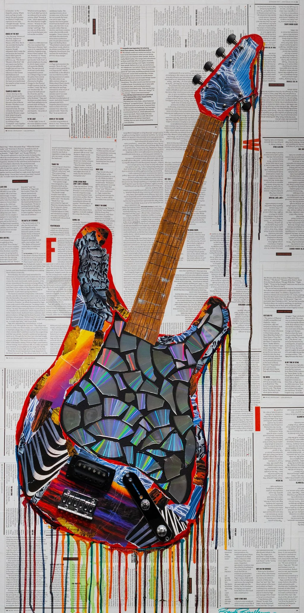 Zeppelin
28x24"
SOLD
Magazine, Alcohol Ink, Acrylic, Broken CD's, Guitar Parts, and Pen on wood panel