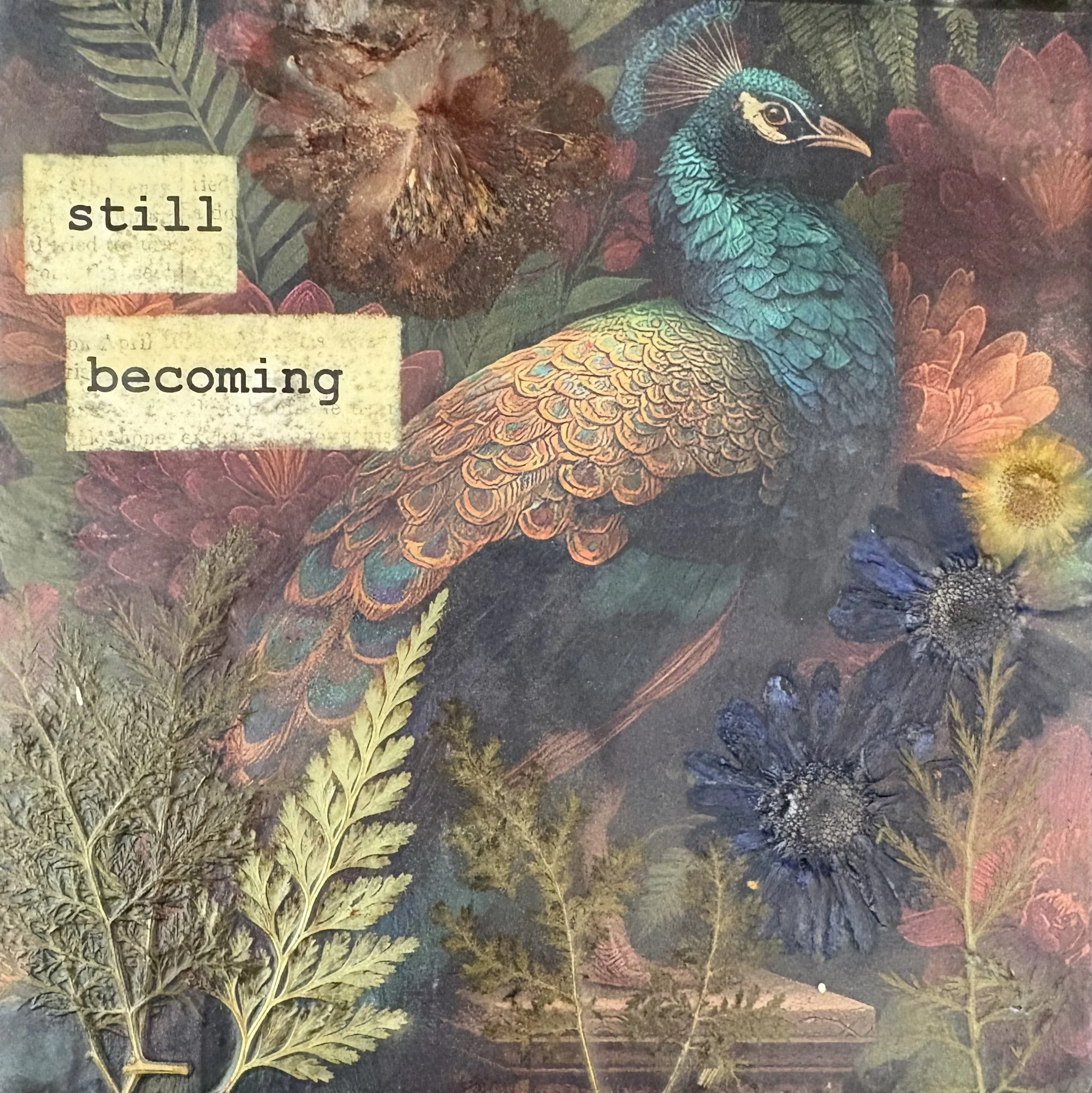 Still Becoming 
6x6"
Available 
Paper Collage, Pressed Flowers, Encaustic on wood block 