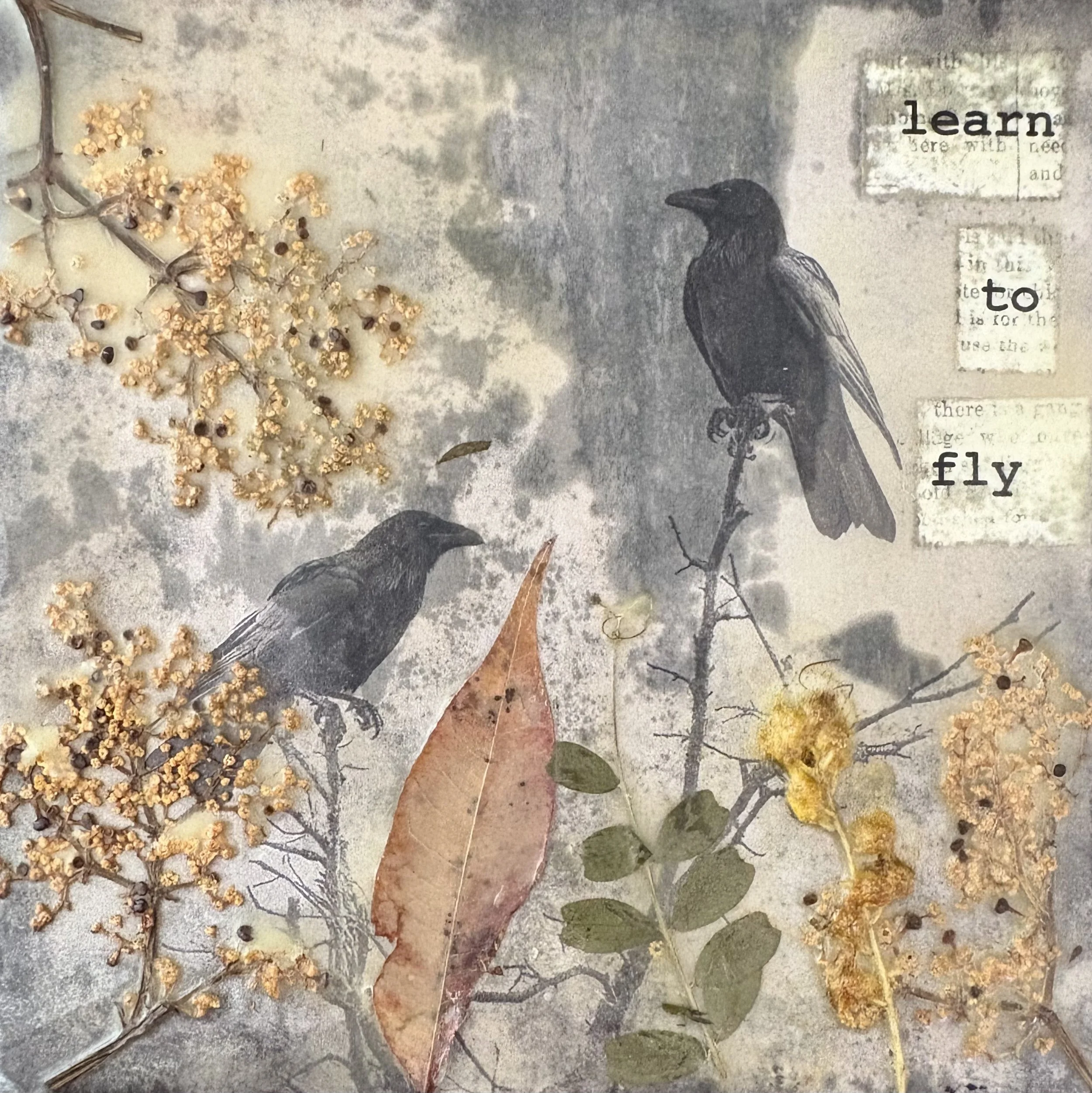 Learn to Fly 
6x6"
Available 
Paper Collage, Pressed Flowers, Encaustic on wood block 