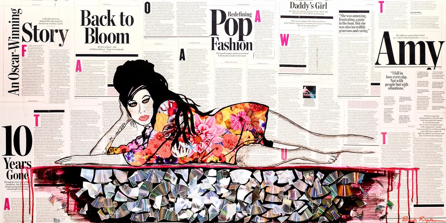 Daddy's Girl 
24x48"
SOLD
Magazine, Alcohol Ink, Acrylic, Broken Cd's, Oil Pastel, and Pen on wood panel