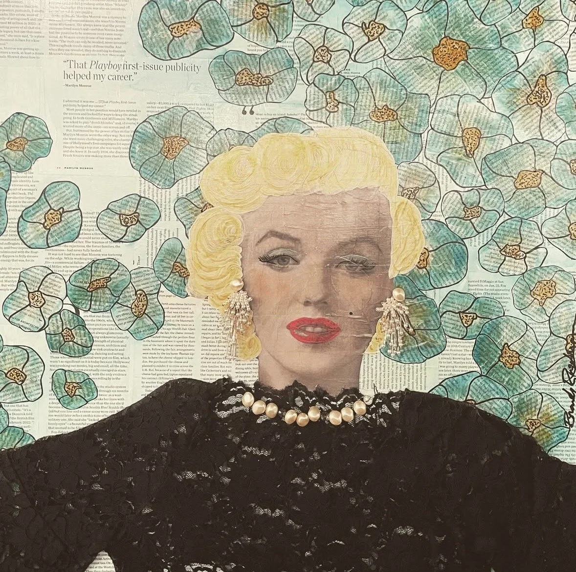 Blonde 
24x32"
SOLD 
Magazine, Lace, Fresh Water Pearls, Acrylic, Alcohol Ink, and Pen on wood panel 

