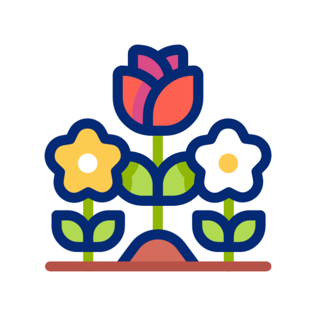 Grafische Illustration von drei bunten Blumen, eine große rote und pinke im Hintergrund, zwei kleinere weiße mit gelben Zentren im Vordergrund, auf grünem Boden