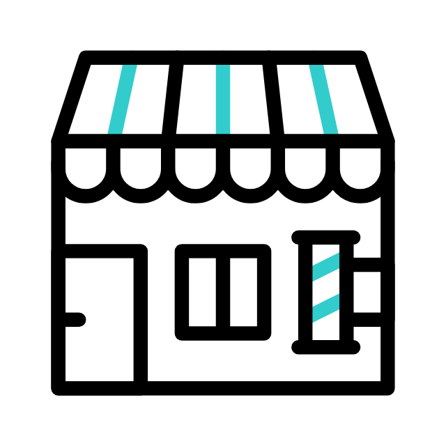 Ein kleines Geschäft mit einer blauen und weißen Markise, Fenster und Tür.