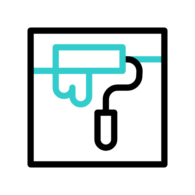 Symbol für eine Putzbürste und einen Reinigungskopf, die in einer quadratischen Box dargestellt sind.