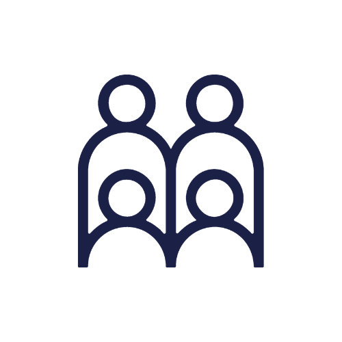 Icon of four people, two standing in the back and two sitting in front, representing a group or team.