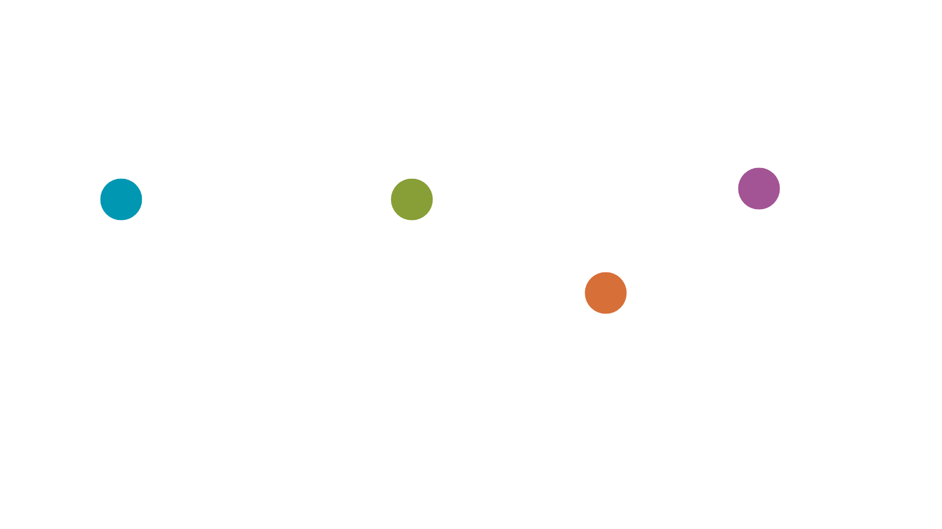 A white winding line with five colored dots (blue, green, orange, purple, red) on a black background.