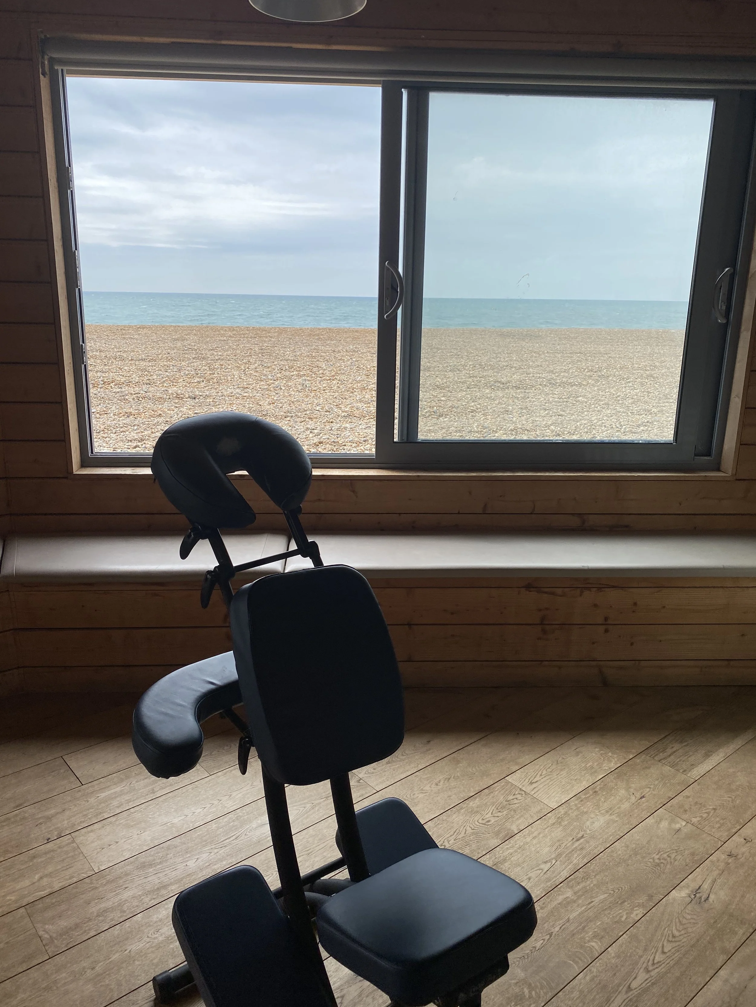 An exercise chair with head and chest support viewed indoors in front of a large window showing an ocean and a cloudy sky.