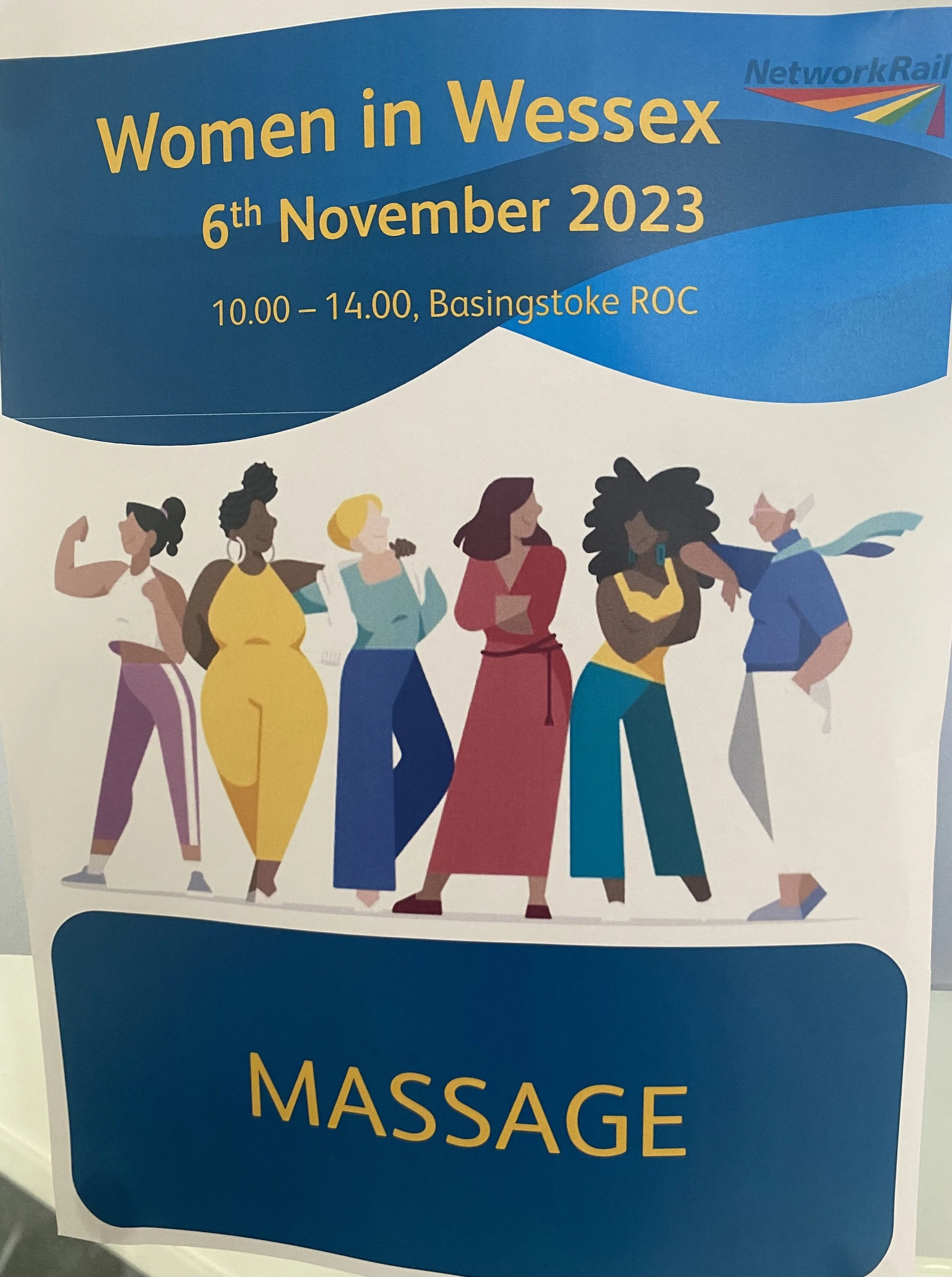Event poster for Women in Wessex on November 6, 2023, from 10 am to 2 pm at Basingstoke ROC, featuring an illustration of diverse women, with the word 'Massage' at the bottom.