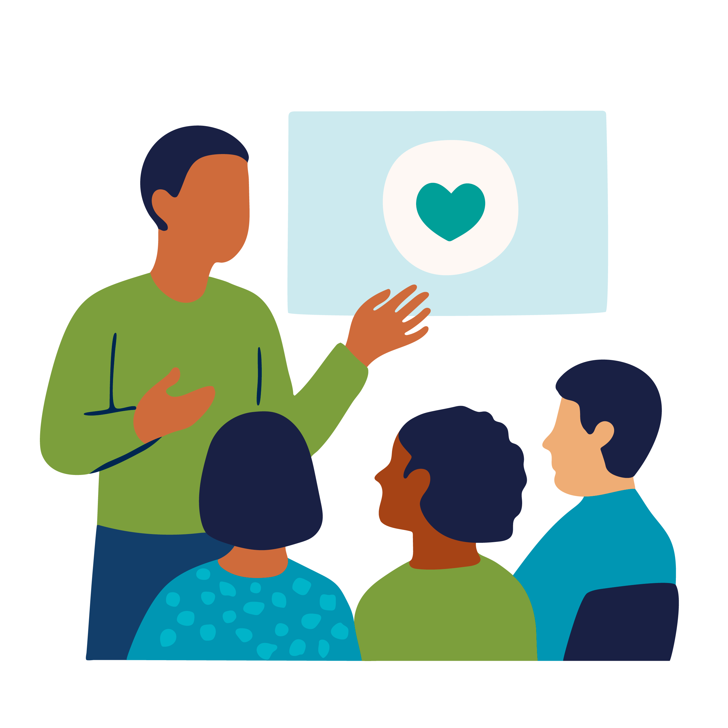 Illustration of a service provider giving a presentation to a group of three seated individuals about wellbeing