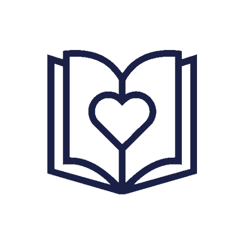 Icon of a open book with a heart in the centre, simple line art icon.