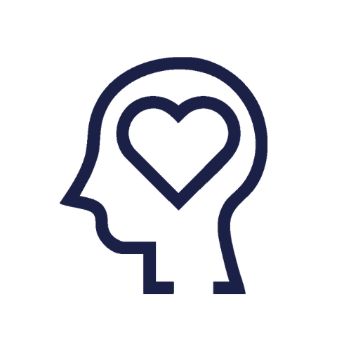 Outline of a person's head with a heart inside, representing mental health or emotional well-being.