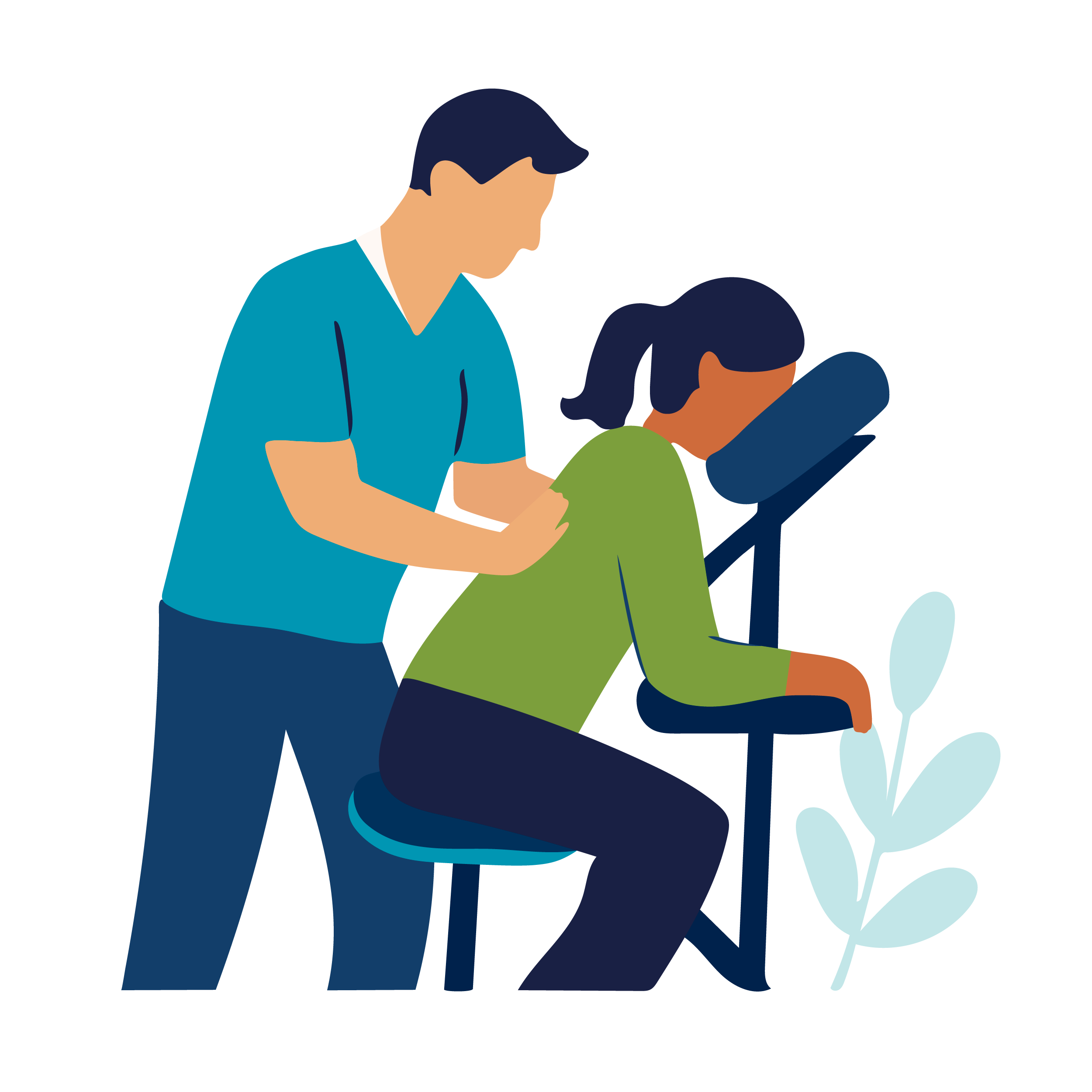 Illustration of a person receiving a massage from a healthcare provider while sitting at their workstation.