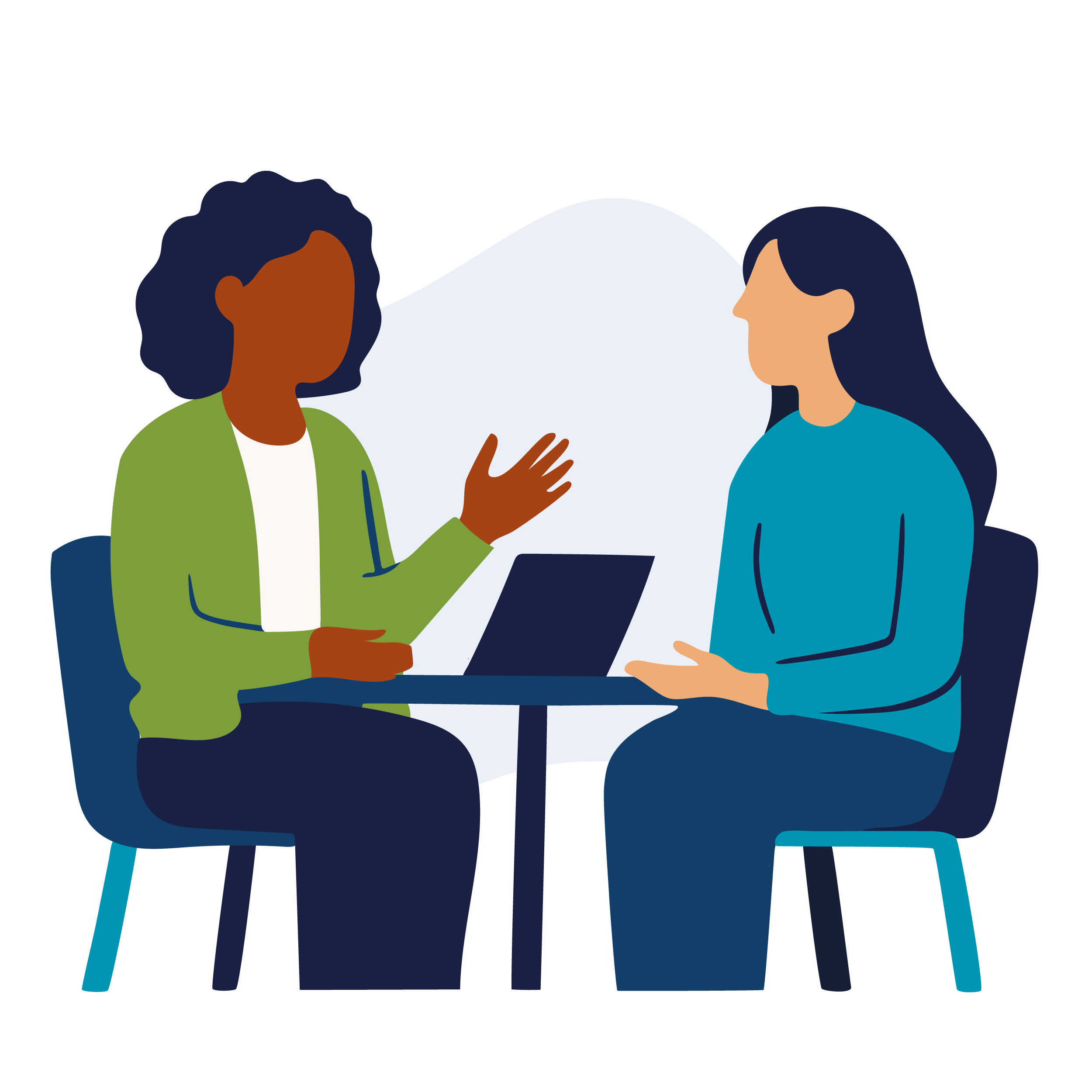 Two women having a conversation at a table, one woman is gesturing while speaking, the other is listening attentively.