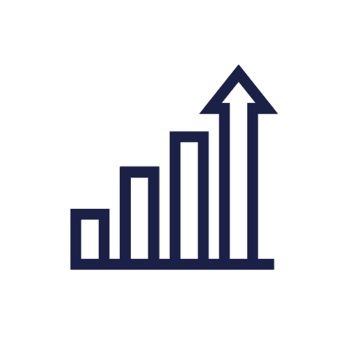 A dark blue upward trending bar graph with five bars and an arrow at the top pointing up.