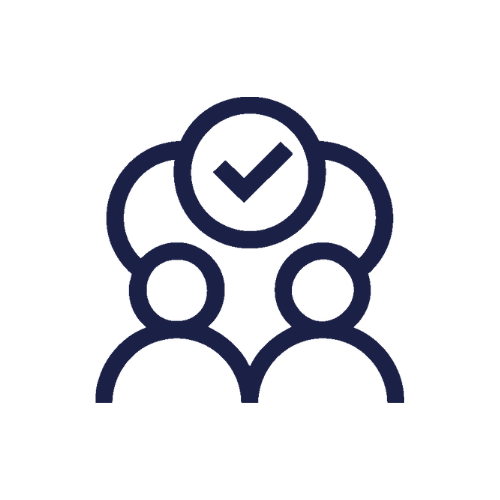 Icon of three people with a checkmark above them, representing teamwork or approval.