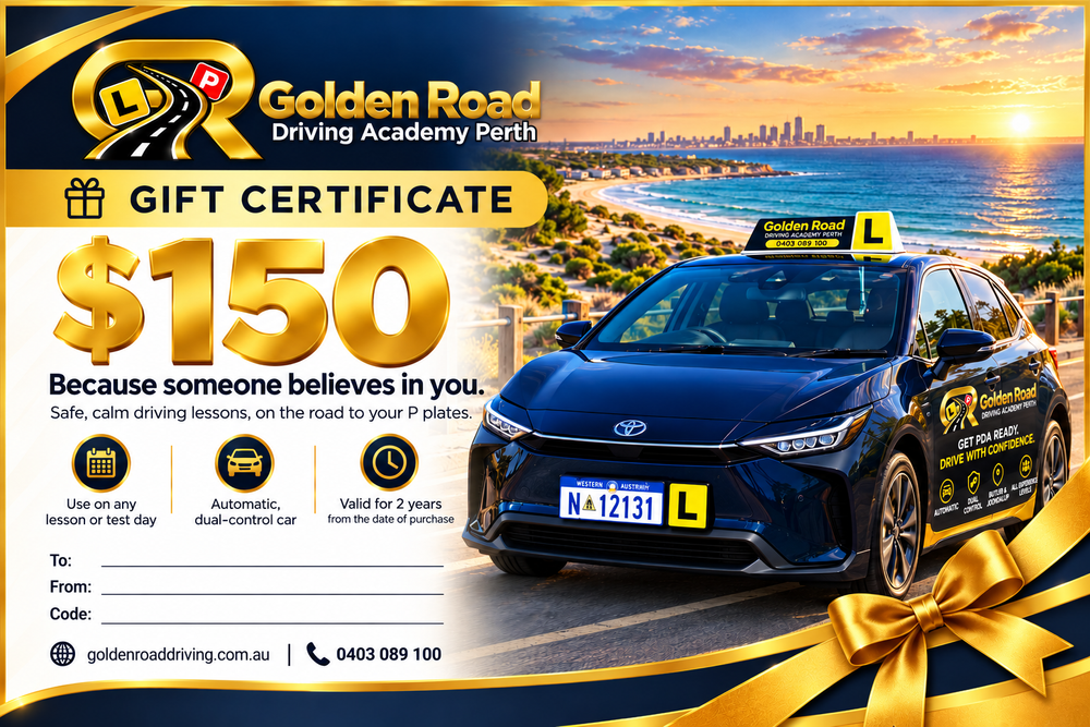 Golden Road Driving Academy $150 driving lesson gift certificate with branded automatic lesson car on a Perth coastal road