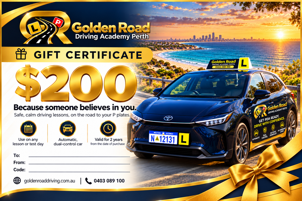 Golden Road Driving Academy $200 driving lesson gift certificate with branded automatic lesson car on a Perth coastal road