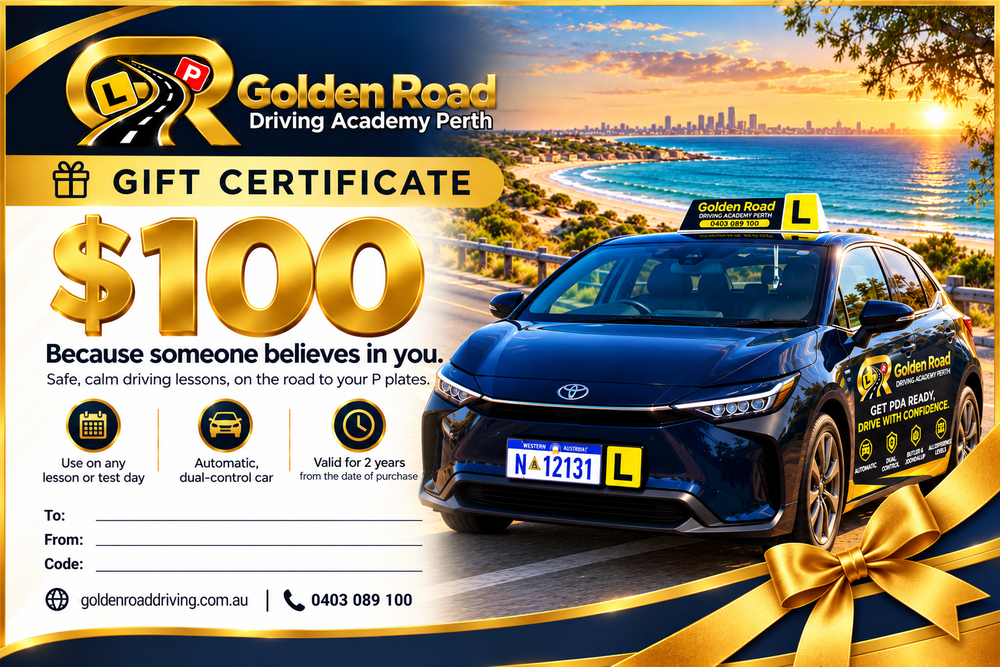 Golden Road Driving Academy $100 driving lesson gift certificate with branded automatic lesson car on a Perth coastal road