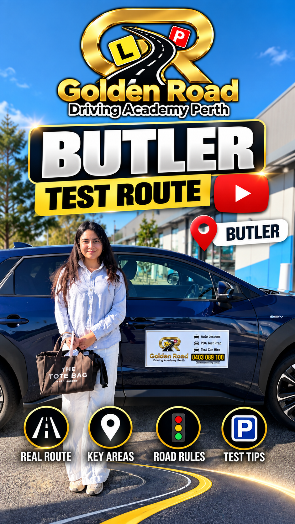 Butler driving test area guide by Golden Road Driving Academy showing a learner driver beside the GRDA training car near the Butler Service Centre (Transport WA) in Perth WA.