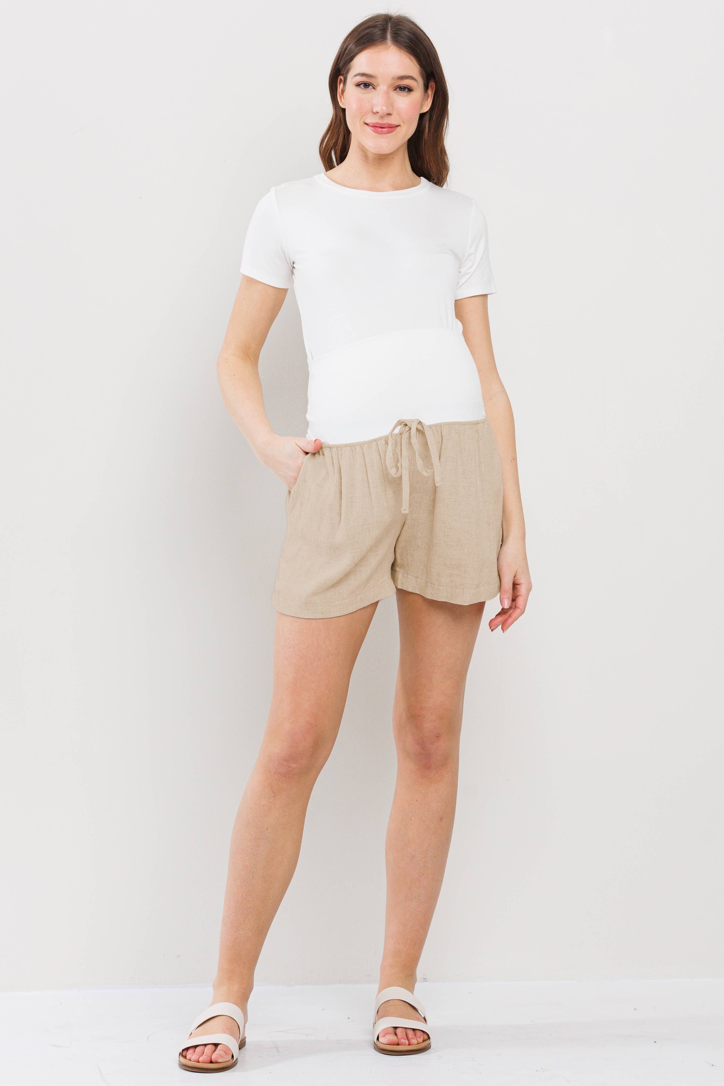 Linen Blend Maternity Shorts with Elastic Band