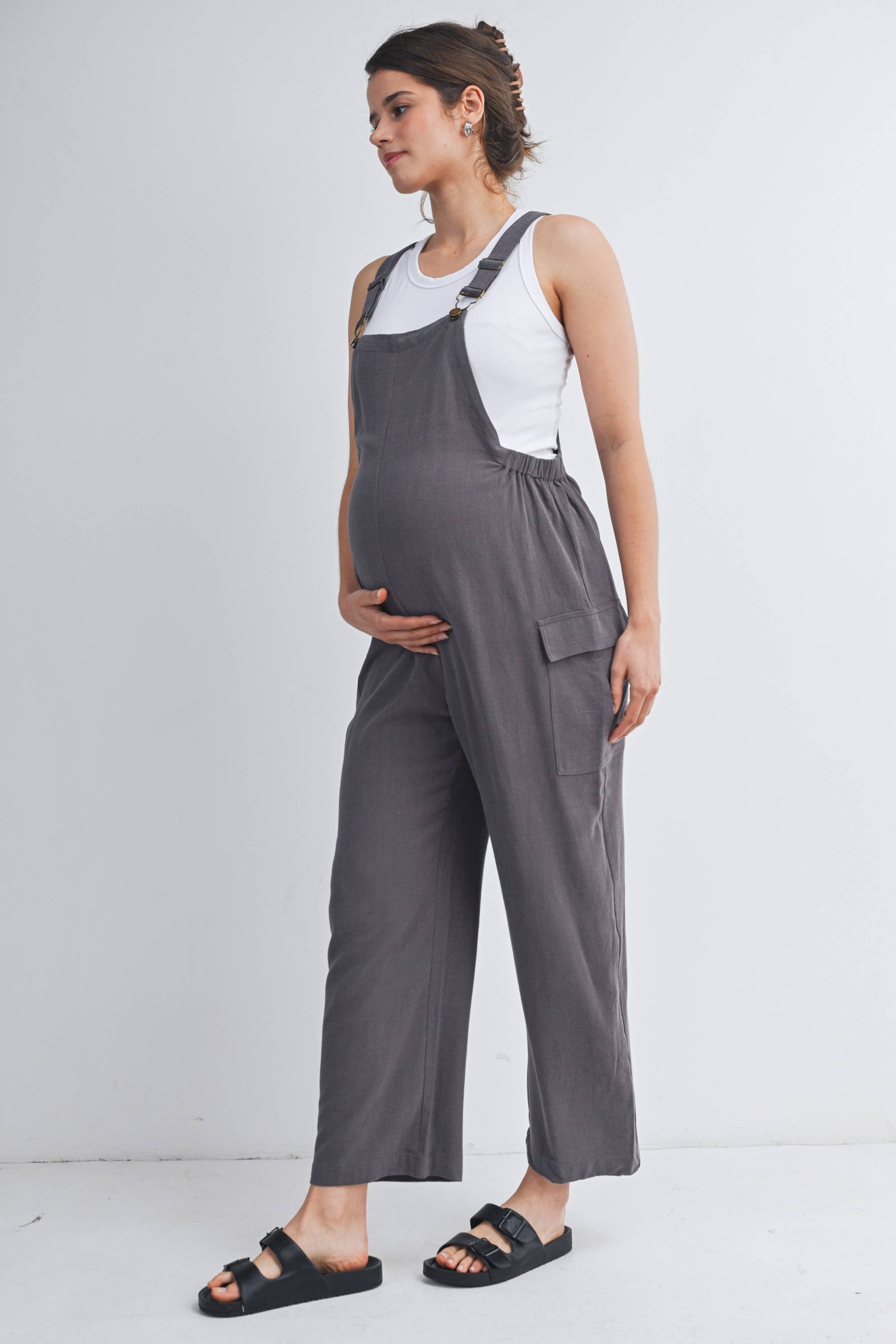 Straight Leg Linen Blend Maternity Adjustable Overalls