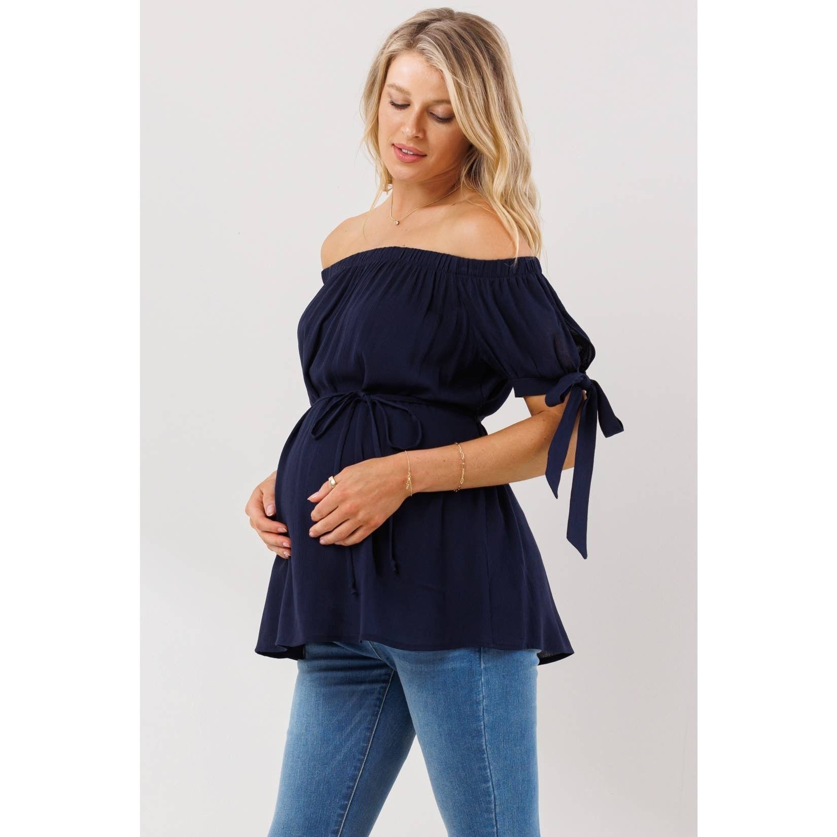 Off The Shoulder Tie-Sleeve Maternity Textured Top