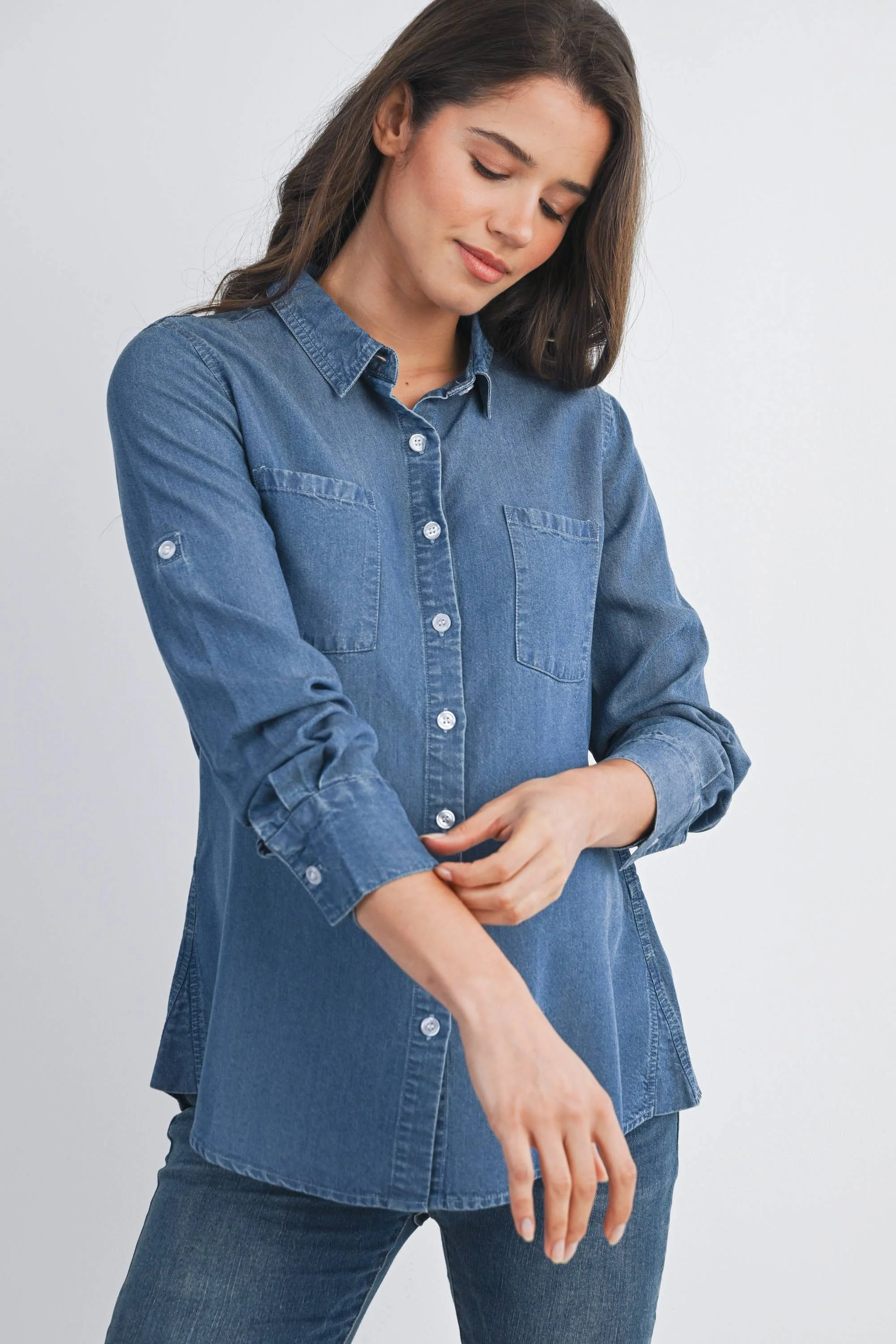 Button Down Long Sleeve Chambray Maternity Top