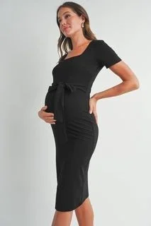 Square Neck Belted Maternity Midi Dress