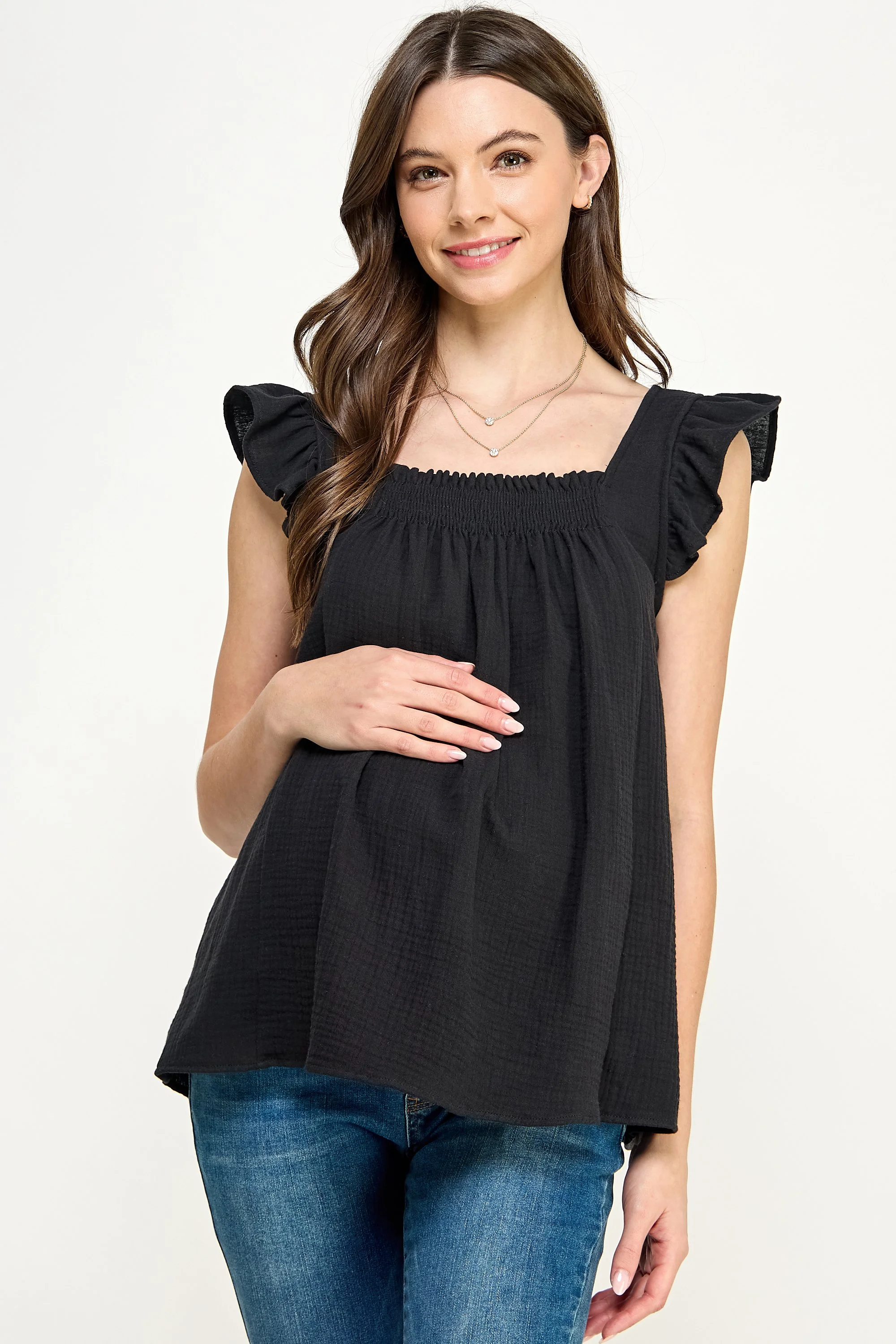 Black Ruffle Sleeve Square Neck Maternity Top