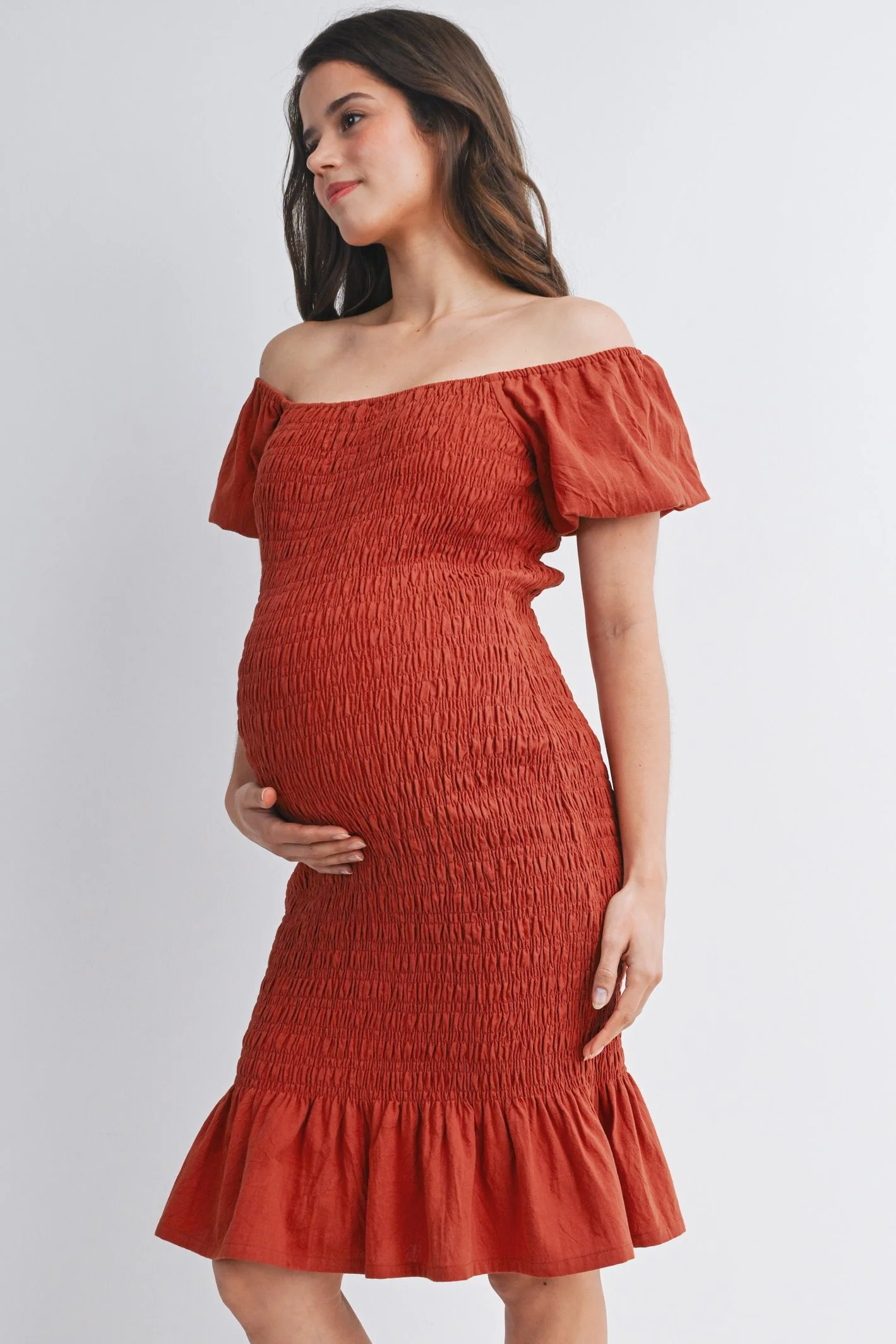 Rust Colored Shirred Off the Shoulder Maternity Dress
