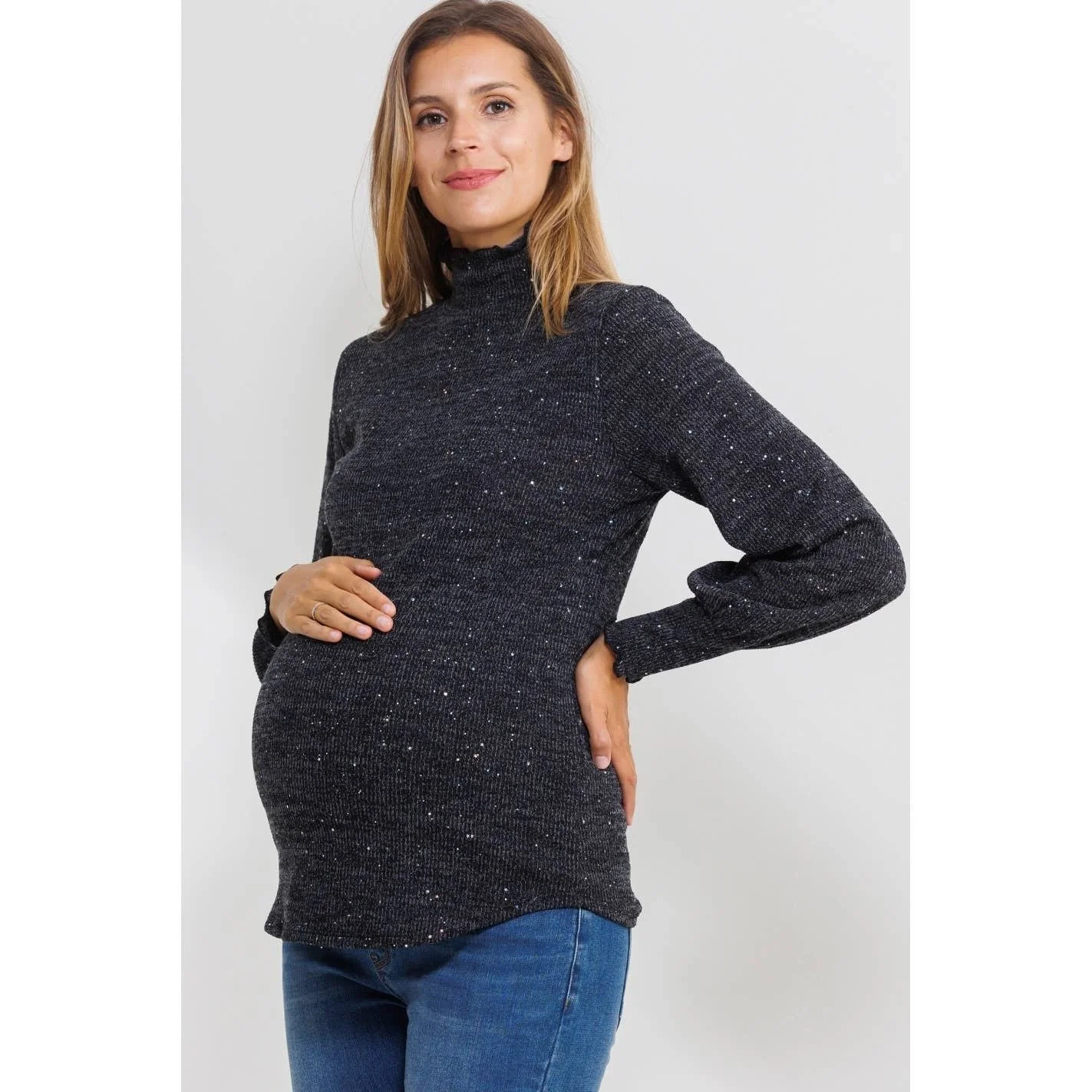 Glitter Knit Long Sleeve Maternity Turtle Neck Top